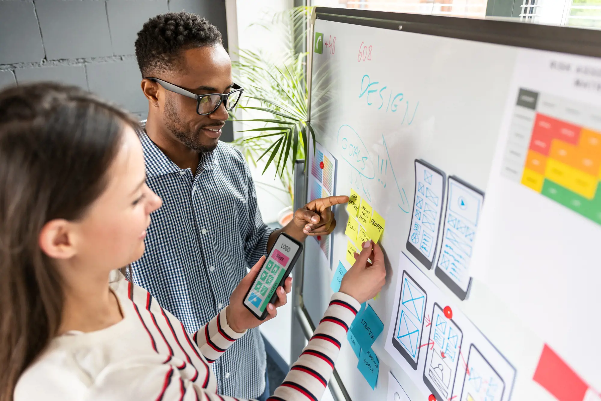 To personer står ved whiteboard | Novicell, Digitalt konsulenthus