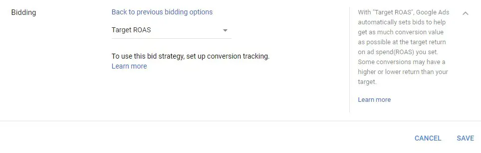 Google Ads Automated Bidding Target Roas screenshot of the bidding page on google analytics