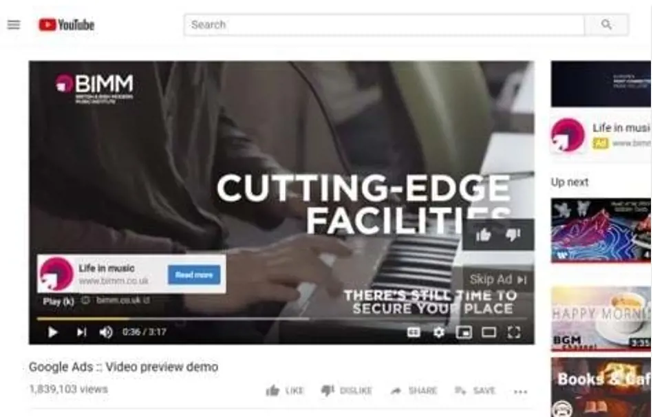 screenshot of YouTube channel of BIMM