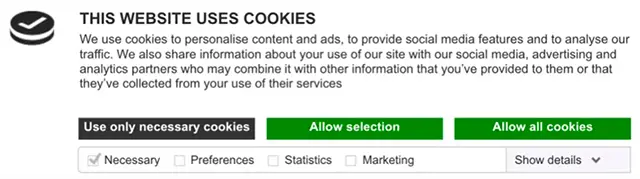 screenshot of website cookies consent  