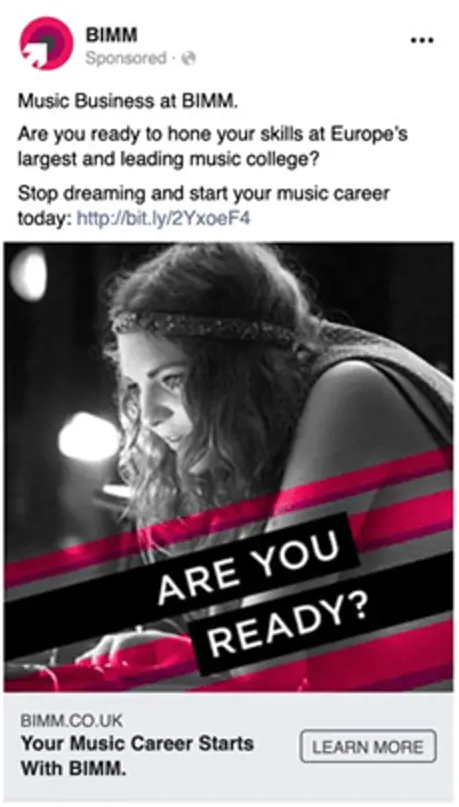 BIMM Advertising Screenshot of BIMM paid media