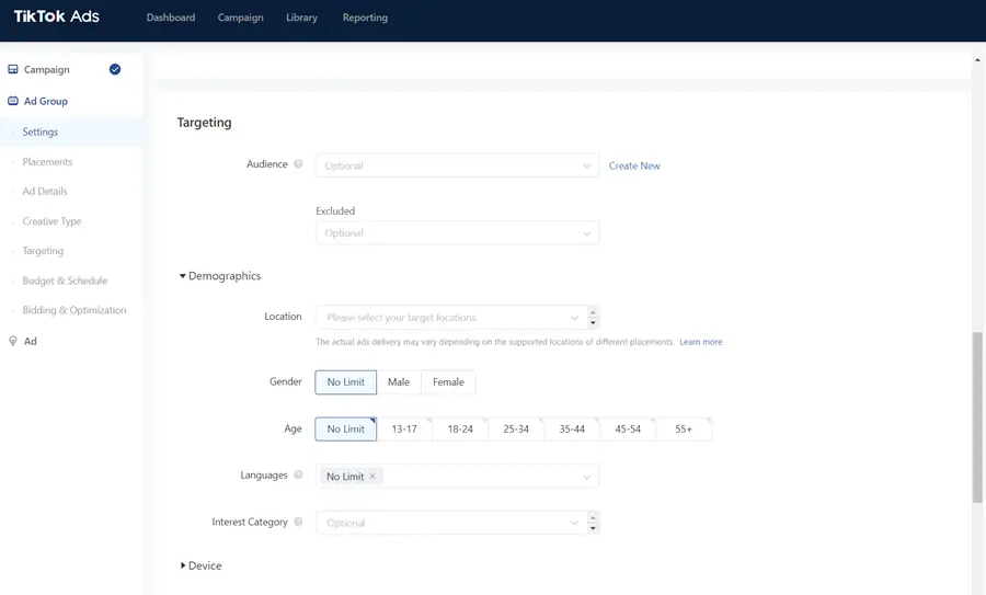 screenshot of the TikTok campaign demographics set up page 