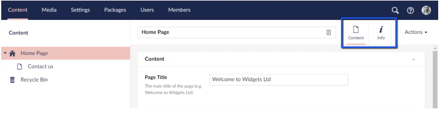 Umbraco8 Content screenshot of the content page on the backend of the website