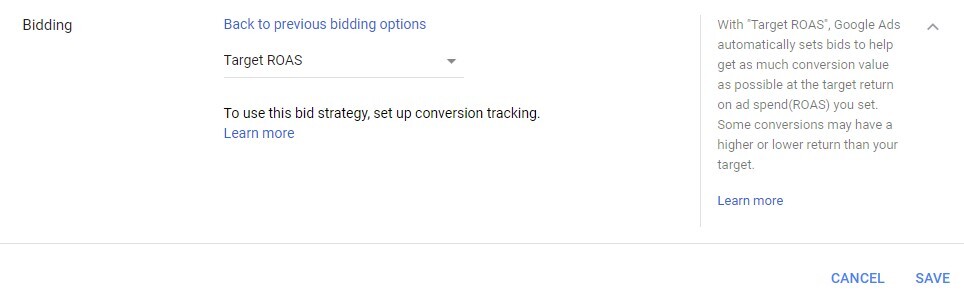 Google Ads Automated Bidding Target Roas screenshot of the bidding page on google analytics