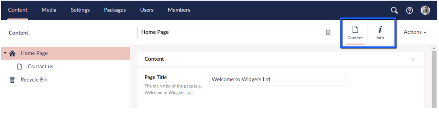 Umbraco8 Content screenshot of the content page on the backend of the website