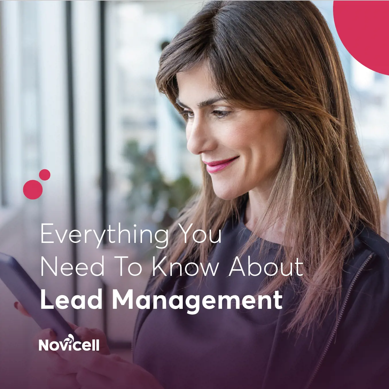 lead management banner with woman smiling at her mobile phone screen 