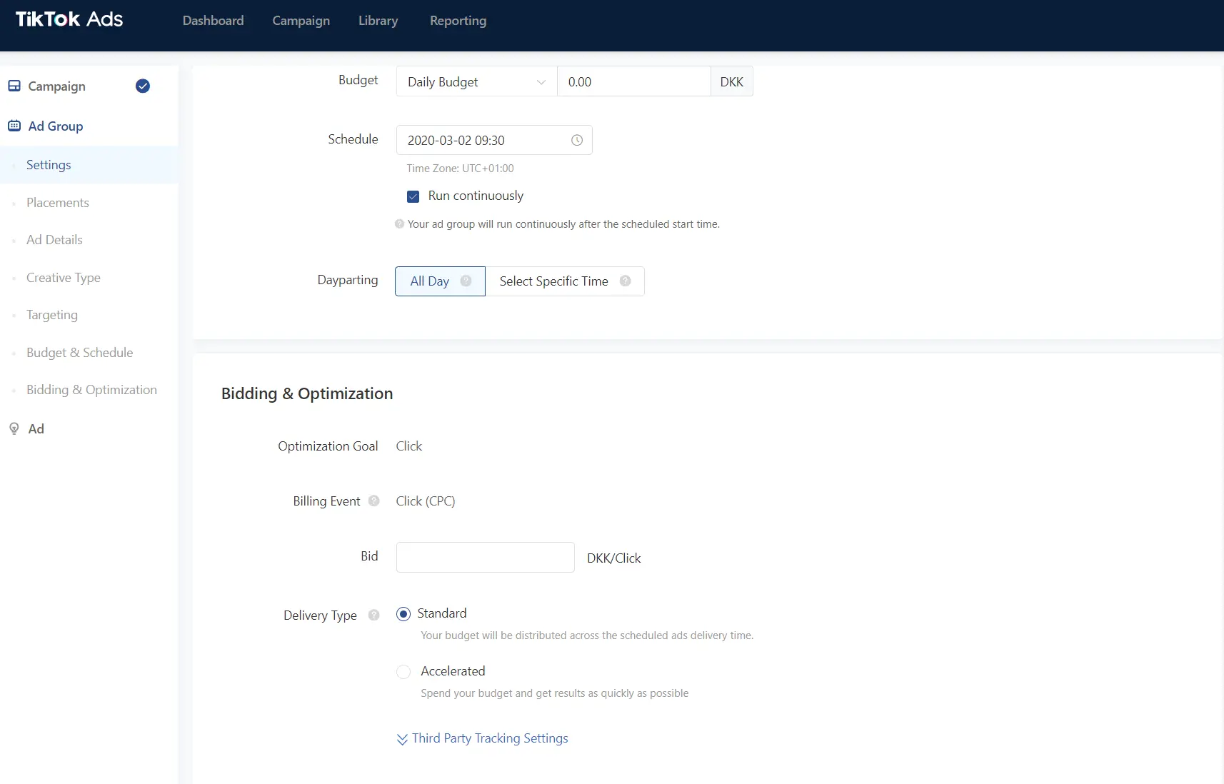 screenshot of the TikTok campaign bidding set up page 