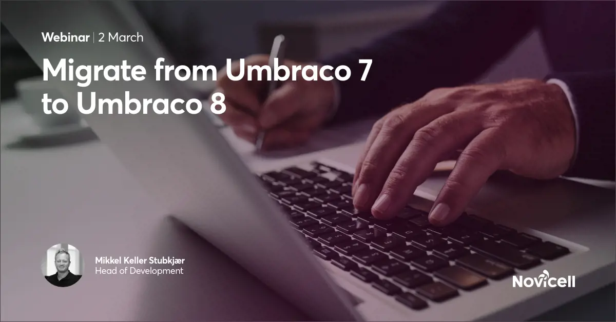 Umbraco Webinar 2March website migration presentation slide depicting hands typing on a keyboard