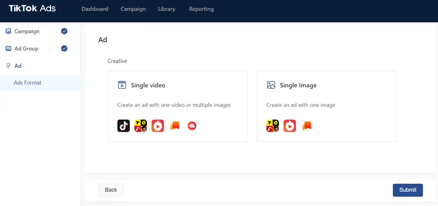 screenshot of the TikTok creating advertisement set up page 