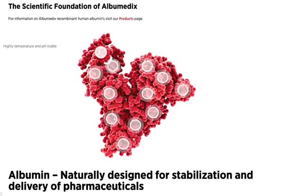 Albumedix After a screenshot of a webpage for the scientific foundation of the brand